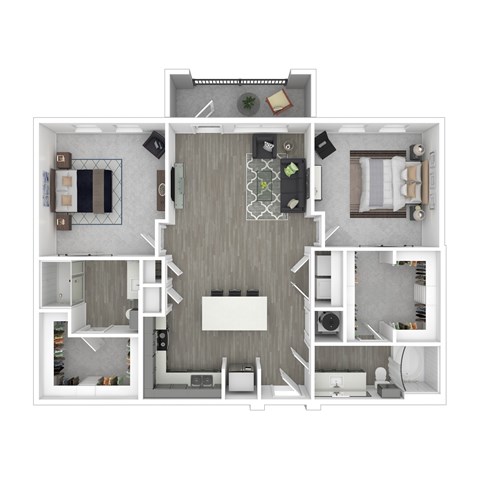 A 3D floor plan of a house with a kitchen, living room, dining room, and bedrooms.